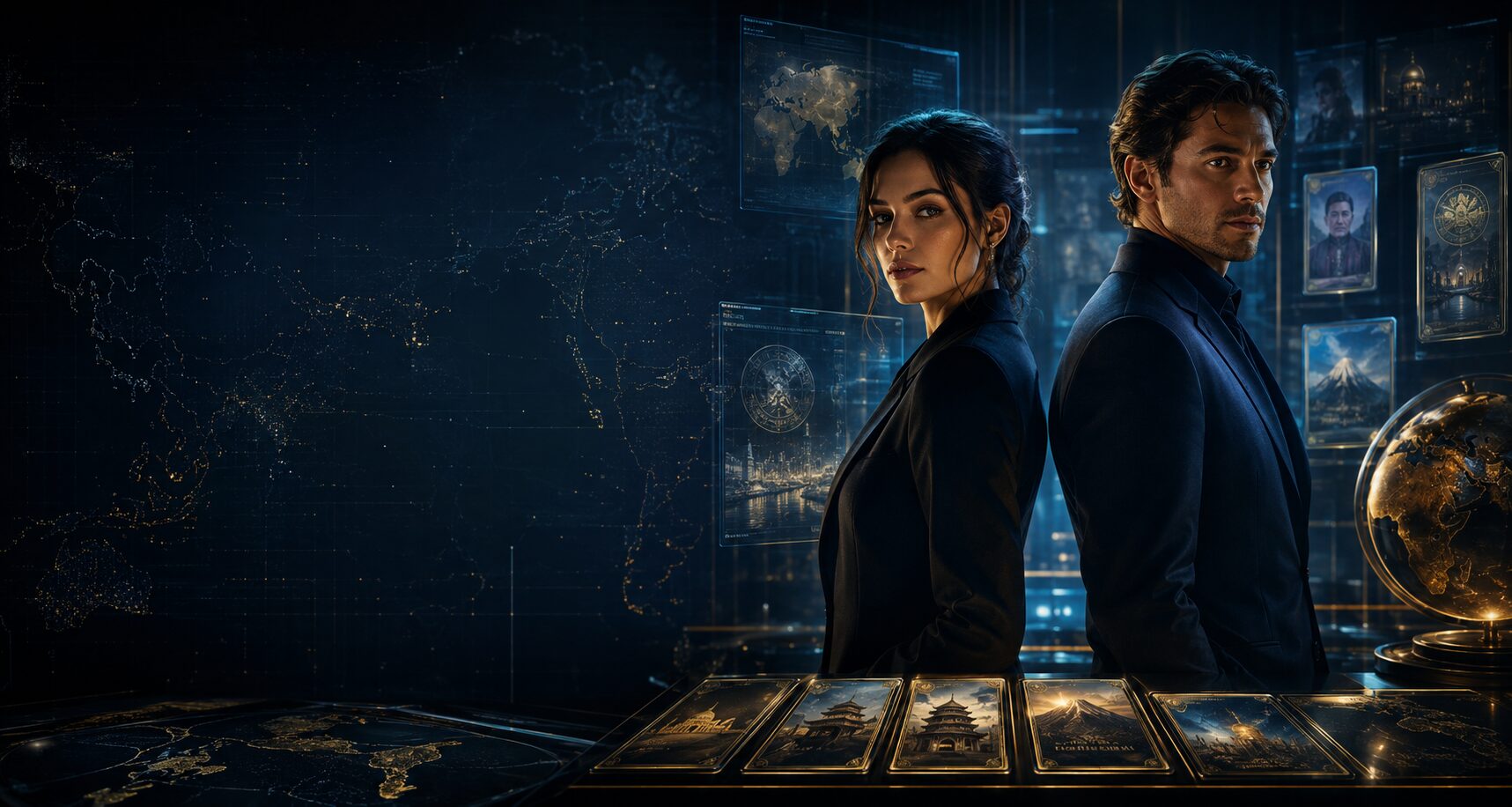 Two BLT WarGames intelligence agents beside a glowing world map and collectible nation cards